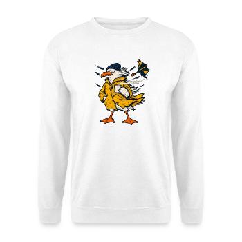 Möwe mit Kaffee im Sturm – Norddeutscher Humor - Unisex Pullover - Weiß - Vorne - Alina (178cm) & Michal (187cm)