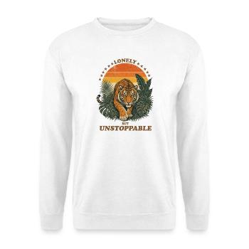 Lonely But Unstoppable - Retro Tiger - Unisex Pullover - Weiß - Vorne - Alina (178cm) & Michal (187cm)