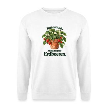 Ruhestand – Zuständig für Erdbeeren | Illustration - Unisex Pullover - Weiß - Vorne - Alina (178cm) & Michal (187cm)