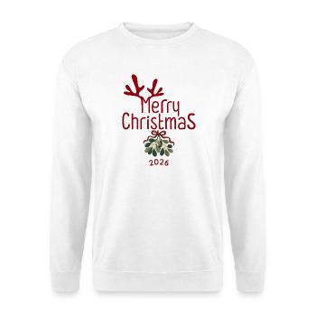 Merry Christmas 2026 mit Geweih und Mistelzweig - Unisex Pullover - Weiß - Vorne - Alina (178cm) & Michal (187cm)