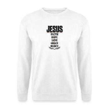Jesus Glaube Hoffnung Liebe Gnade Barmherzigkeit - Unisex Pullover - Weiß - Vorne - Alina (178cm) & Michal (187cm)