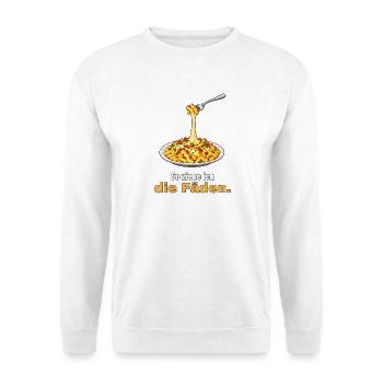 Käsespätzle – so ziehe ich die Fäden - Unisex Pullover - Weiß - Vorne - Alina (178cm) & Michal (187cm)