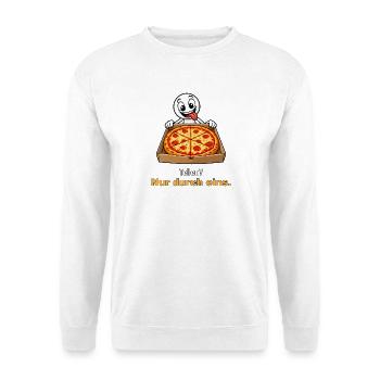 Pizza teilen – nur durch eins - Unisex Pullover - Weiß - Vorne - Alina (178cm) & Michal (187cm)