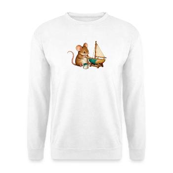 Maus baut ein Modellsegelboot - Unisex Pullover - Weiß - Vorne - Alina (178cm) & Michal (187cm)