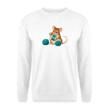 Maus wickelt einen Wollpompon - Unisex Pullover - Weiß - Vorne - Alina (178cm) & Michal (187cm)