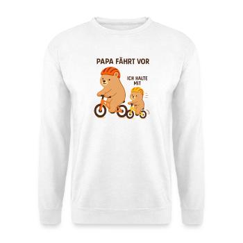 Papa fährt vor – Bär auf Fahrrad - Unisex Pullover - Weiß - Vorne
