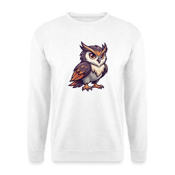 Süße Cartoon-Eule mit großen Augen und orangefarbenen Akzenten - Unisex Pullover - Weiß - Vorne - Alina (178cm) & Michal (187cm)