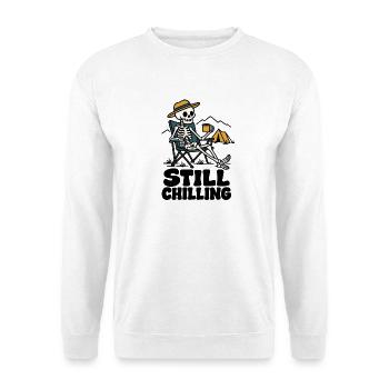Still Chilling – Funny Camping Skeleton - Unisex Pullover - Weiß - Vorne - Alina (178cm) & Michal (187cm)