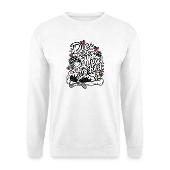 Die mit dem Hund chillt - Unisex Pullover - Weiß - Vorne - Alina (178cm) & Michal (187cm)