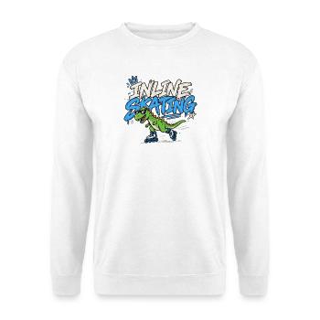 Inline Skating Dino auf Inlinern - Unisex Pullover - Weiß - Vorne - Alina (178cm) & Michal (187cm)