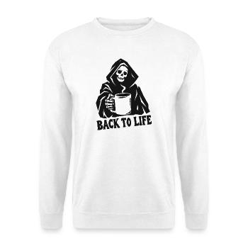 Sensenmann-Kaffee: Zurück ins Leben - Unisex Pullover - Weiß - Vorne - Alina (178cm) & Michal (187cm)