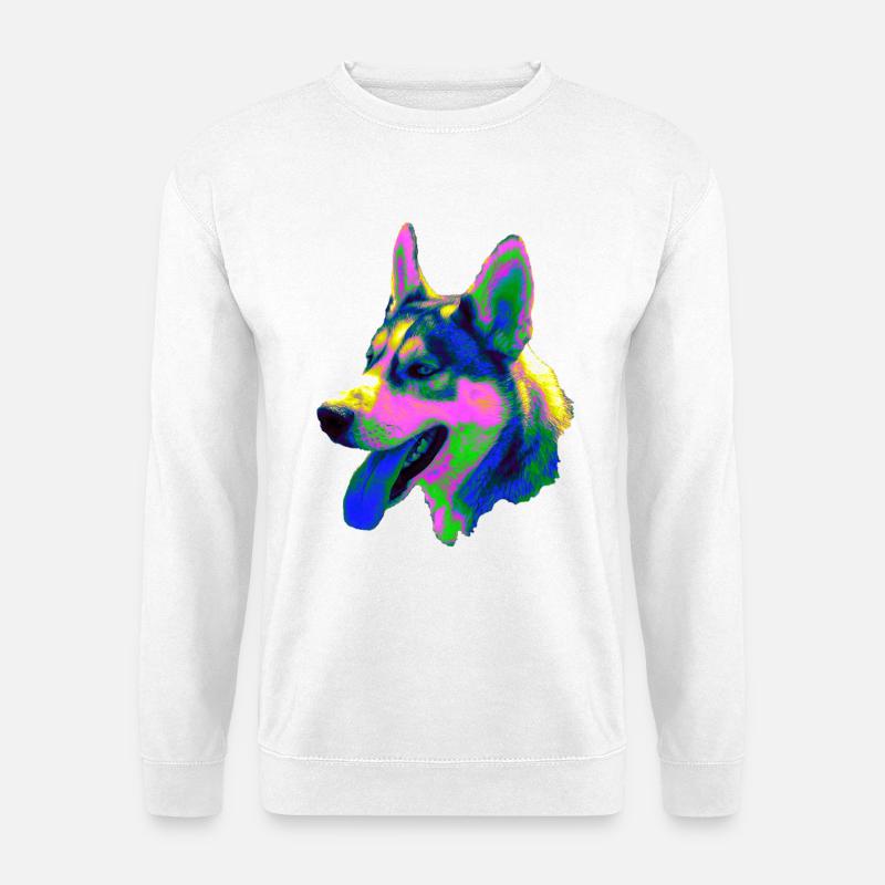 Psychedelischer Husky Kopf Neonfarben - Unisex Pullover - Weiß