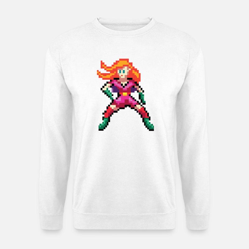 Pixel Superheldin – Heldenhafte Frau mit orangefarbenen Haaren - Unisex Pullover - Weiß