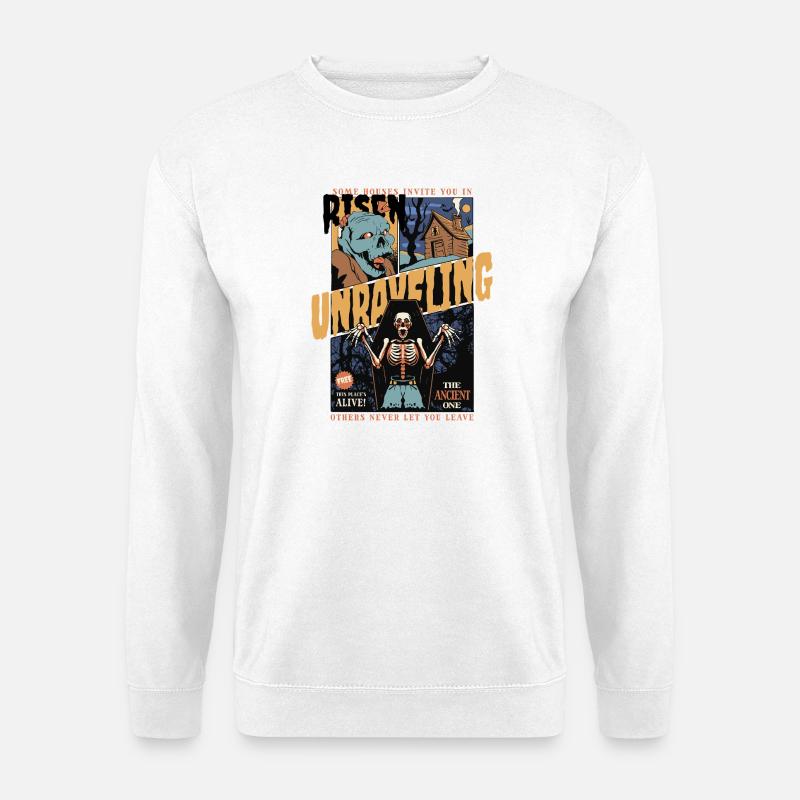 Verlassenes Haus & Halloween-Themenskelett - Unisex Pullover - Weiß