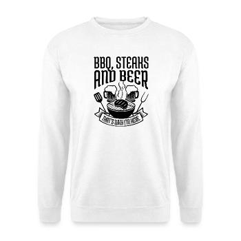  BBQ steaks & beer Bier BBQ Barbecue grillen - Unisex Pullover - Weiß - Vorne - Alina (178cm) & Michal (187cm)