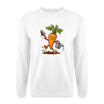 Fröhliche Karotte beim Gärtnern  - Unisex Pullover - Weiß - Vorne - Alina (178cm) & Michal (187cm)