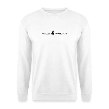Pixel Art Slogan NO GODS NO MASTERS schwarz - Unisex Pullover - Weiß - Vorne - Alina (178cm) & Michal (187cm)