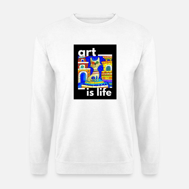 Hundertwasser KATZE CAT Kunst ist Leben ART LIFE - Unisex Pullover - Weiß