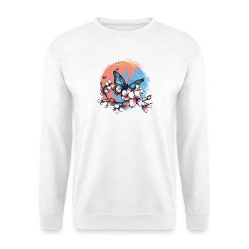 Blauer Schmetterling auf Blütenzweig – Künstler - Unisex Pullover - Weiß - Vorne