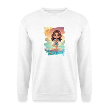 Kawaii Beach Yoga – Entspannungspose auf dem Board - Unisex Pullover - Weiß - Vorne - Alina (178cm) & Michal (187cm)