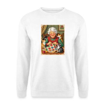 Patchwork-Wärme: Großmutter und Katzen - Unisex Pullover - Weiß - Vorne - Alina (178cm) & Michal (187cm)
