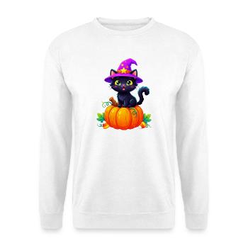 Süße Hexenkatze auf Kürbis - Unisex Pullover - Weiß - Vorne - Alina (178cm) & Michal (187cm)