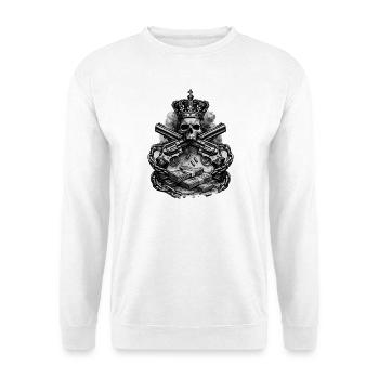 Kronenkopf mit Gewehren und Geld - Unisex Pullover - Weiß - Vorne - Alina (178cm) & Michal (187cm)