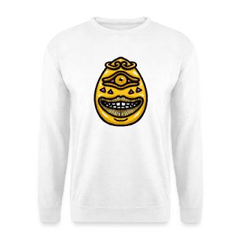 Lächelndes, einäugiges Golden Egg Monster Cartoon-Maskottchen - Unisex Pullover - Weiß - Vorne - Alina (178cm) & Michal (187cm)
