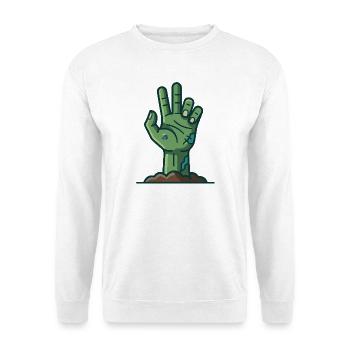 Grüne Zombie-Hand taucht aus dem Boden auf - Unisex Pullover - Weiß - Vorne - Alina (178cm) & Michal (187cm)
