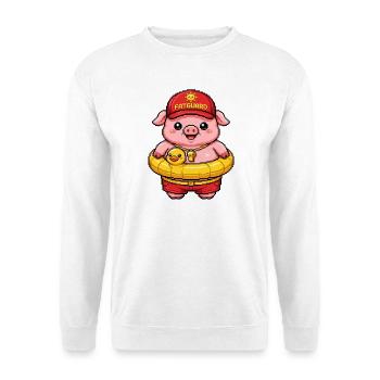 Schweinchen Rettungsschwimmer - Lustiges Pixel Art - Unisex Pullover - Weiß - Vorne - Alina (178cm) & Michal (187cm)