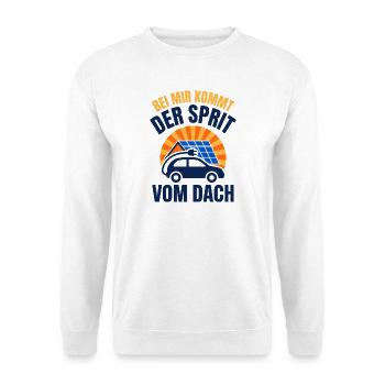 E-Auto Sprit vom Dach - Solar Photovoltaik - Unisex Pullover - Weiß - Vorne - Alina (178cm) & Michal (187cm)