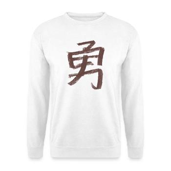Mut (Japanisch) Schriftzeichen - Kohle - Unisex Pullover - Weiß - Vorne - Alina (178cm) & Michal (187cm)