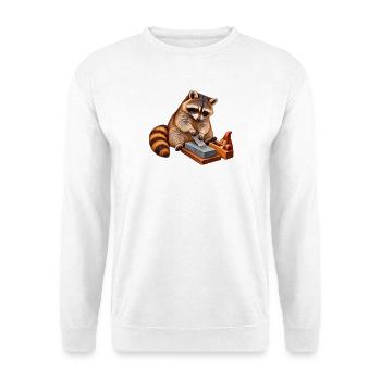 Waschbär schärft einen Handhobel - Unisex Pullover - Weiß - Vorne - Alina (178cm) & Michal (187cm)