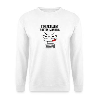 Ich spreche fließend Button-Mashing - Unisex Pullover - Weiß - Vorne - Alina (178cm) & Michal (187cm)