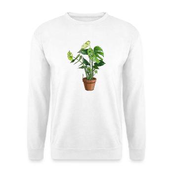 Monstera im Topf – Dschungelblätter - Unisex Pullover - Weiß - Vorne - Alina (178cm) & Michal (187cm)