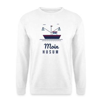 Moin Husum – Krabbenkutter Nordsee Motiv - Unisex Pullover - Weiß - Vorne - Alina (178cm) & Michal (187cm)