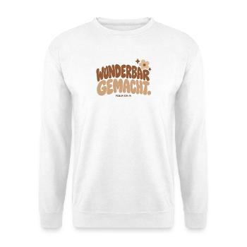 Wunderbar gemacht – Psalm 139,14 | Glaubenshirt DE - Unisex Pullover - Weiß - Vorne - Alina (178cm) & Michal (187cm)