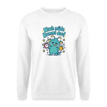 Nach müde kommt doof. Kleines Monster - Unisex Pullover - Weiß - Vorne - Alina (178cm) & Michal (187cm)