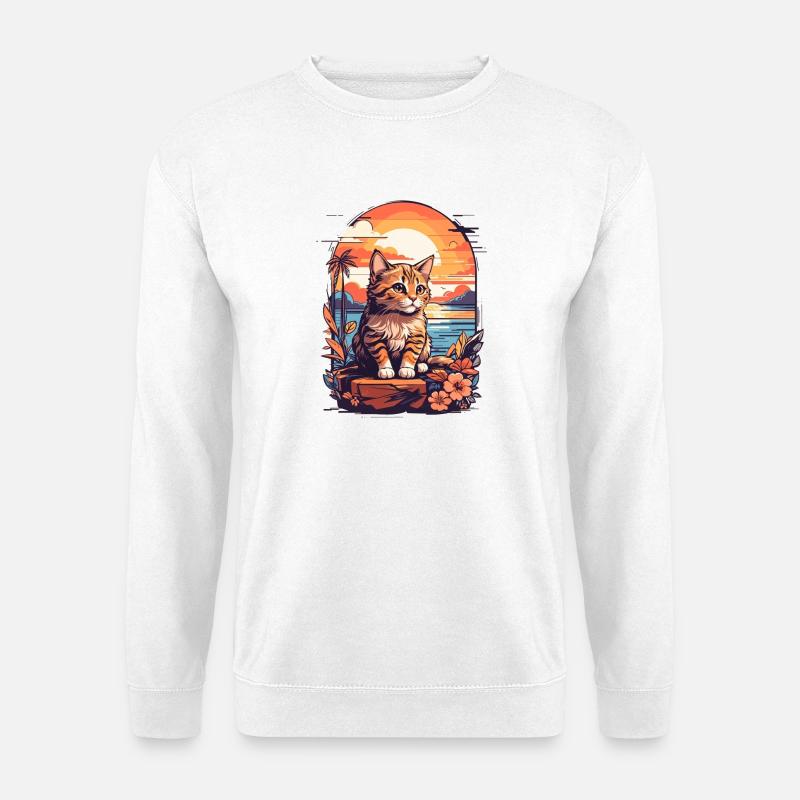 Retro Sunset Beach, Sonnenuntergangskatze am Meer - Unisex Pullover - Weiß