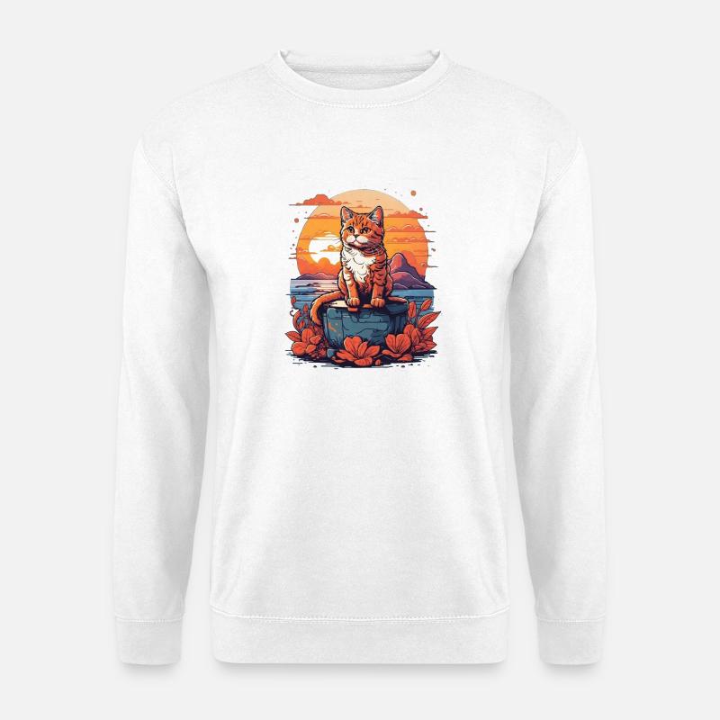 Katze auf Schatztruhe im Sunset - Unisex Pullover - Weiß
