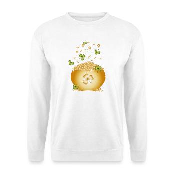 Goldener Topf mit Goldmünzen und Kleeblättern - Unisex Pullover - Weiß - Vorne - Alina (178cm) & Michal (187cm)