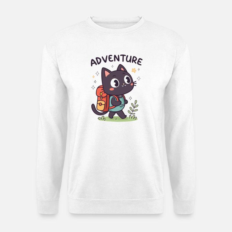 Abenteuerlustige schwarze Katze mit Rucksack - Unisex Pullover - Weiß