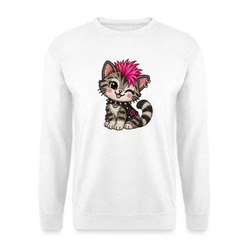 Punk Katze mit pinkem Iro – Stickmotiv Optik - Unisex Pullover - Weiß - Vorne - Alina (178cm) & Michal (187cm)