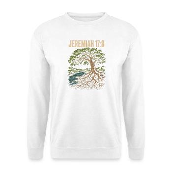 Jeremia 17 8 Baum am Wasser tiefe Wurzeln - Unisex Pullover - Weiß - Vorne - Alina (178cm) & Michal (187cm)