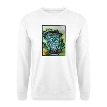 Eule in Blühen: Bunte Traumlandschaft - Unisex Pullover - Weiß - Vorne - Alina (178cm) & Michal (187cm)