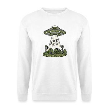 UFO Entführung Kuh Bauernhof Retro Sci-Fi Shirt - Unisex Pullover - Weiß - Vorne - Alina (178cm) & Michal (187cm)