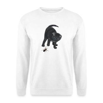 Katze und Spinne - Neugieriges Kätzchen - Unisex Pullover - Weiß - Vorne - Alina (178cm) & Michal (187cm)