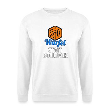 Würfel statt Rollback – Release-Shirt für Devs - Unisex Pullover - Weiß - Vorne - Alina (178cm) & Michal (187cm)