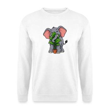 Glücklicher Elefant umarmt eine Topfpflanze - Unisex Pullover - Weiß - Vorne - Alina (178cm) & Michal (187cm)