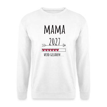 Werdende Mama 2027 – Schwangerschaft Verkünden - Unisex Pullover - Weiß - Vorne - Alina (178cm) & Michal (187cm)